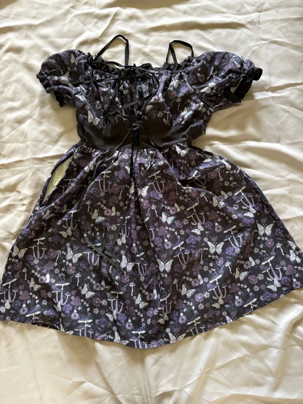 Floral Butterfly Off-Shoulder Midi Dress in Dark Purple